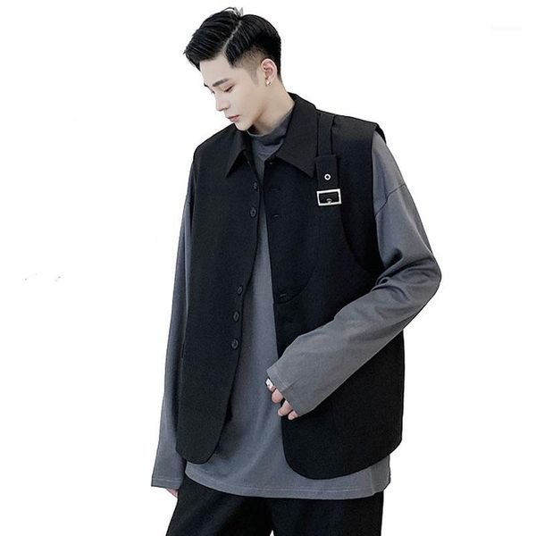 

male harajuku streetwear vintage fashion vest waistcoat men casual loose suit vest sleeveless blazers jacket1, Black;white