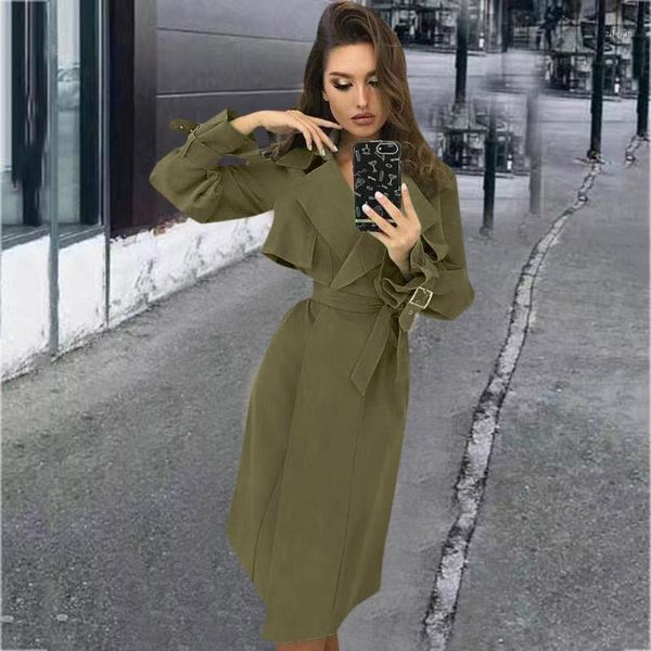 

women casual notched collar windbreaker front wrap coat jacket outwear solid color trench belt slim coat 8.231, Tan;black