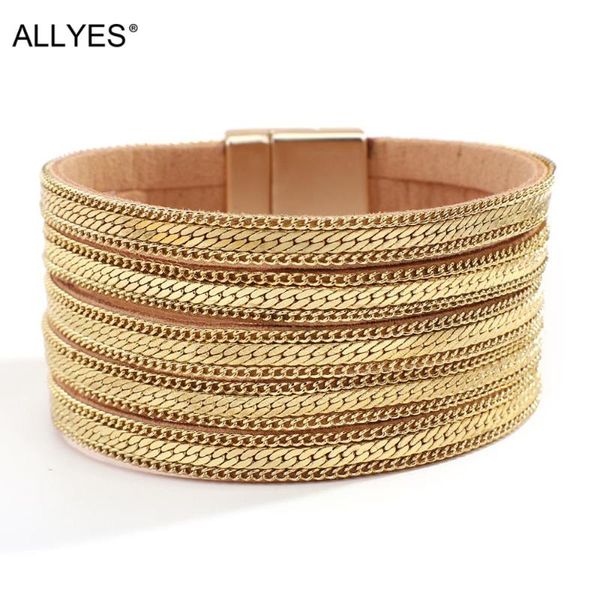 

tennis allyes gun black multilayer chain leather bracalets for women gold color link wide wrap bracelet hip hop punk jewelry, Golden;silver