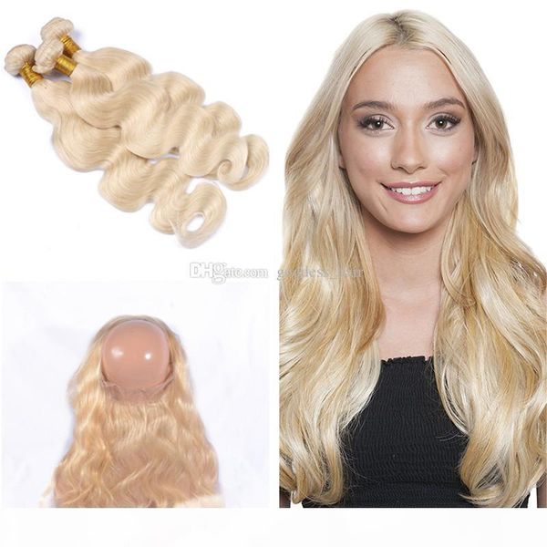 

blonde pure 613 human hair wefts with 360 closure body wave pre plucked 360 frontal with virgin body wave hair 3 bundles extension, Black;brown