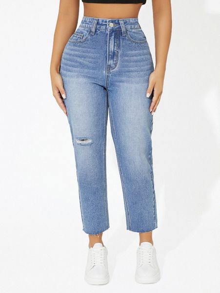 

petite ripped detail mom jeans 42xb#, Blue