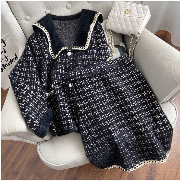 

2021 new women's vintage sweater sets mink cashmere and skirt two garments fashion all clothes 2 piece winter matching set w036, Gray