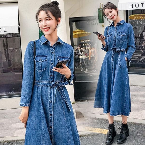 

shirt denim denim dress women's middle and long style spring and summer 2020 new korean version slim shirt skirt student popular skirt, Black;gray