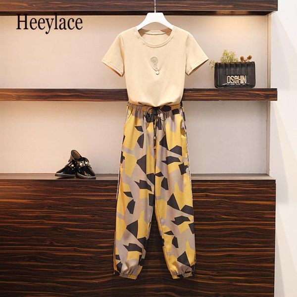 

plus size summer women two piece set casual o-neck print loose + pants geometric elastic waist fashion set 2 piece1, White