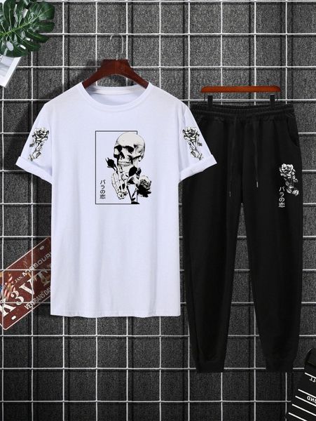 

men japanese letter and skull print tee & drawstring waist sweatpants t6rv#, Gray