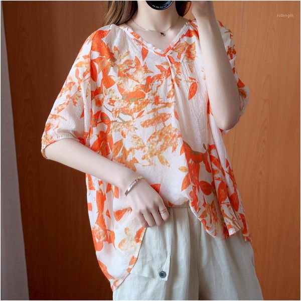 

johnature summer new print loose womens blouses 2020 casual simple v-neck short sleeve thin female shirts1, White