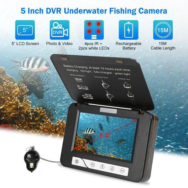 

fish finder camera for fishing 15m 1000tvl fish finder underwater 5" lcd monitor 8pcs led night vision camera fishing tool1