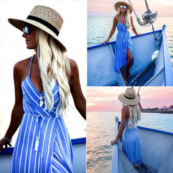 

new women summer dress boho maxi long striped halter evening party beach sundress irregular bohemian holiday dress designer clothes, Black;gray