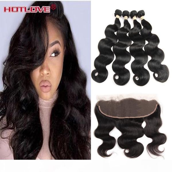 

human hair weft with frontal 8a peruvian unprocessed virgin hair body wave 13x4 ear to ear lace closure with 4 hair bundles, Black;brown