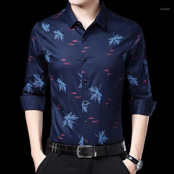 

browon shirt men long sleeve 2020 casual slim fit print shirt polyester full turn-down collar social business men clothing1, White;black