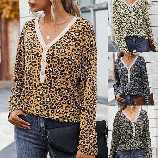 

women's t-shirt 2021 casual v-neck leopard print t-shirts lady button elegant tshirt streetwear women aesthetic plus fashion slim pull, White