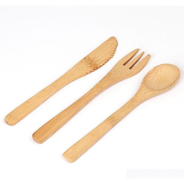 

3pcs/set bamboo tableware set 16cm natural bamboo cutlery dinnerware knife fork spoon outdoor camping dinnerware set qylmgj pets2010
