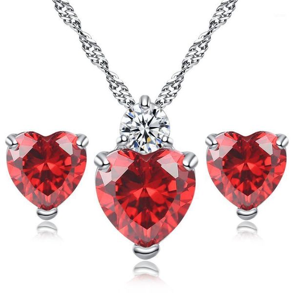 

trendy red love heart crystal sets for women necklace & stud earring engagement party fashionable gift for christmas kas0751, Silver