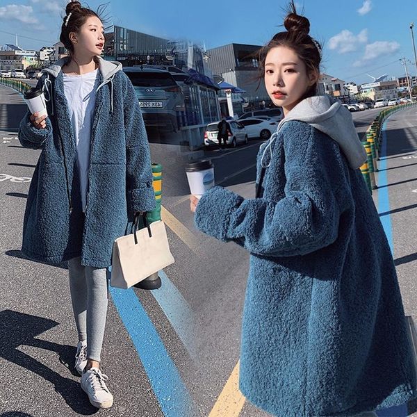 

women's fur & faux korean lamb wool ccoat long sleeved loose warm jacket winter thickened lapel female coat blue chic cotton clothes, Black