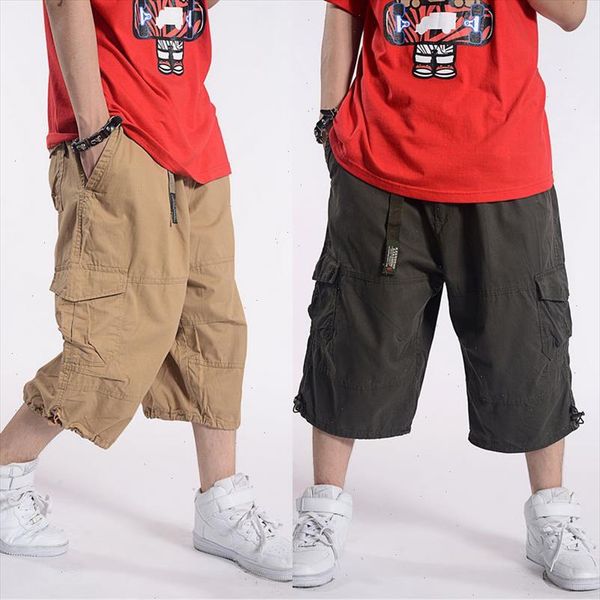 

plus size summer casual shorts men cotton cargo shorts with big pocket loose baggy hip hop shorts bermuda military male clothing, White;black