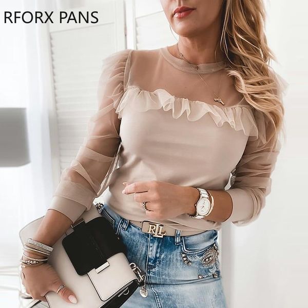 

autumn solid ruffles sheer mesh ruffles long sleeve women top, White