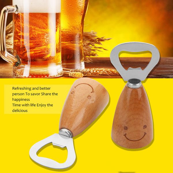 

wholesale wooden handles stainless steel openers smile anti-slip wood handle bottle opener durable handheld beer bottle openers dh1242