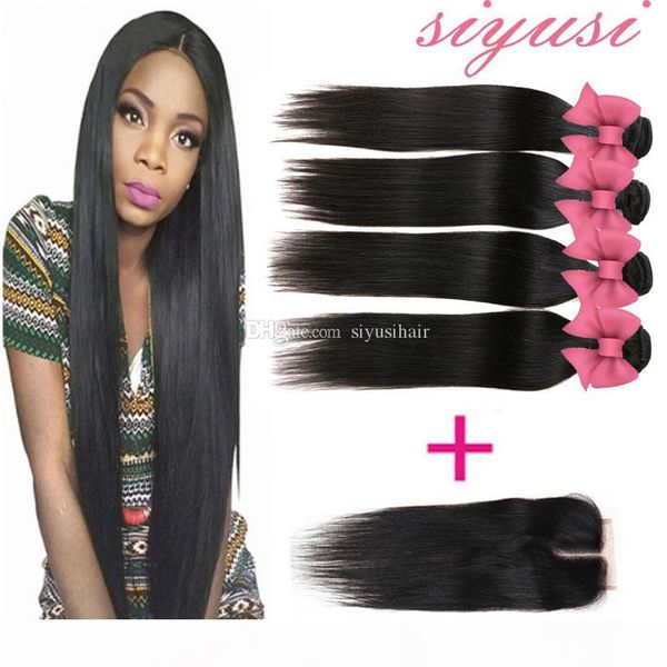 

malaysian virgin hair with closure straight human hair weft with closure siyusi hair products 3 4 bundles with closure, Black;brown