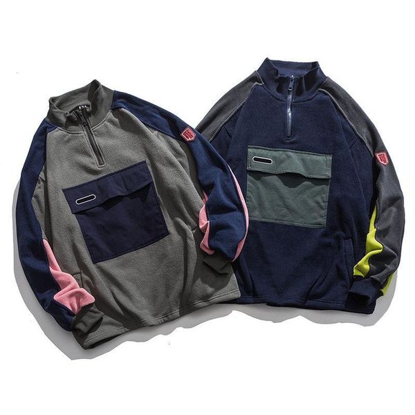 

mens wear color block patchwork long sleeve loose big size sweatshirts for male spring new stand collar casual, Black