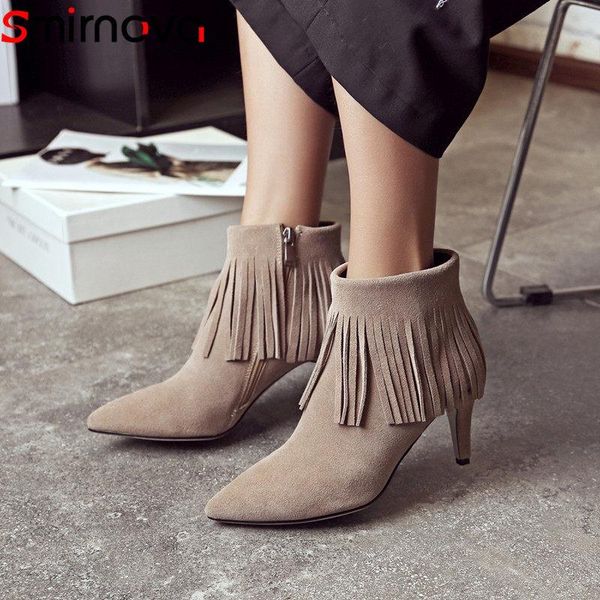 

boots smirnova winter 2021 female fringe fashion thin heels pointed toe super high heel solid ladies casual ankle, Black