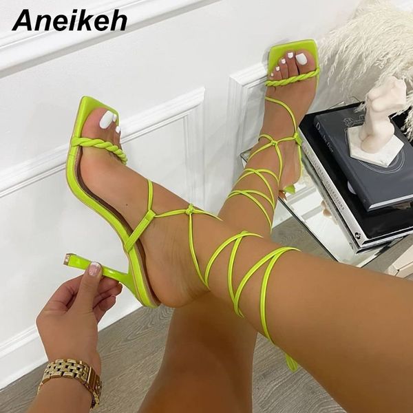 

aneikeh 2021 summer fluorescent green pu women sandals fashion cross-tied narrow band square head shoes party elegant zapatos 42 c0129, Black