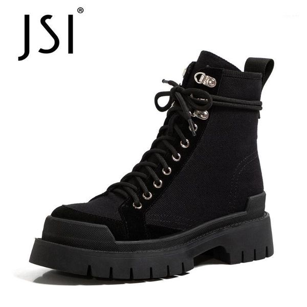 

jsi casual winter ankle boots woman cross-tied patchwork high platform boots ladies round toe middle heel jo6681, Black