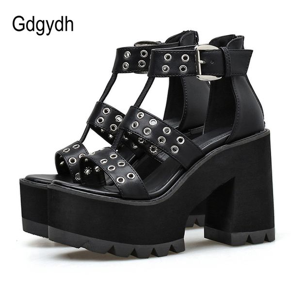 

gdgydh rivet shoes women for party rock style blakc block heel platform sandals women back zipper summer footwear gladiator, Black