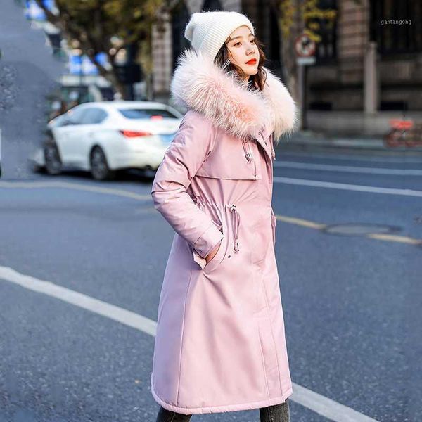 

korean style women's winter jacket x-long wool liner slim woman parkas hooded plus size solid with fur collar thick coat ladies1, Black