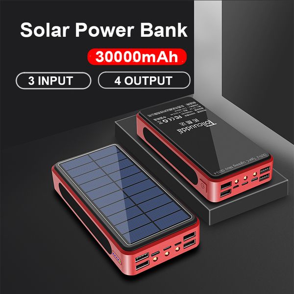 

30000mah solar power bank 4 usb powerbank внешняя батарея портативный зарядка с led light 3input powerbank для мобильного телефона бесплатно
