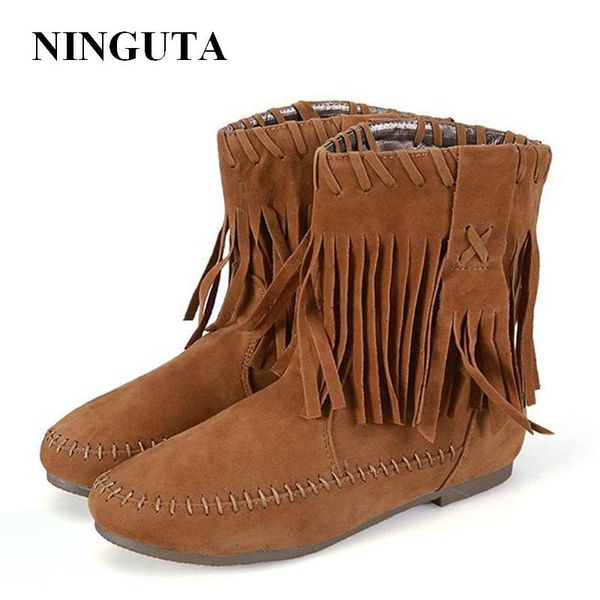 

boots ninguta fringe ankle women flats shoes woman for autumn winter, Black