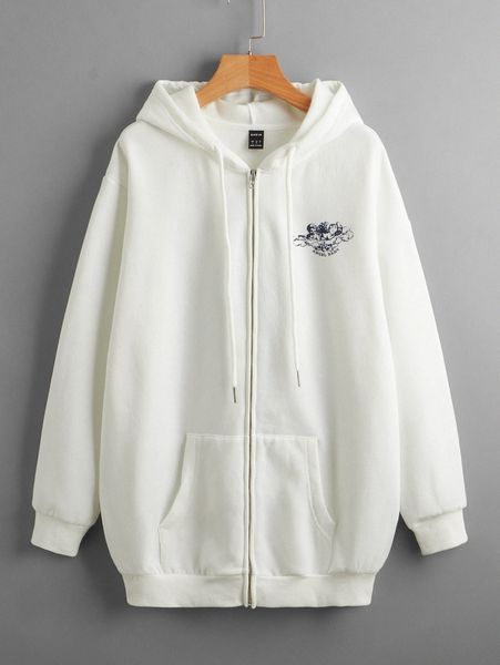 

letter & figure graphic kangaroo pocket zip front hoodie f9jh#, White;black