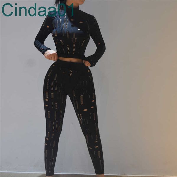 

ladies two piece pants set allure women slim new hollow hole tights leisure long sleeve pencil pants suit 2 colours, White