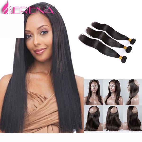 

pre plucked 360 lace frontal with bundles straight peruvian virgin hair 3 bundles with 360 frontal band lace closure human hair, Black;brown