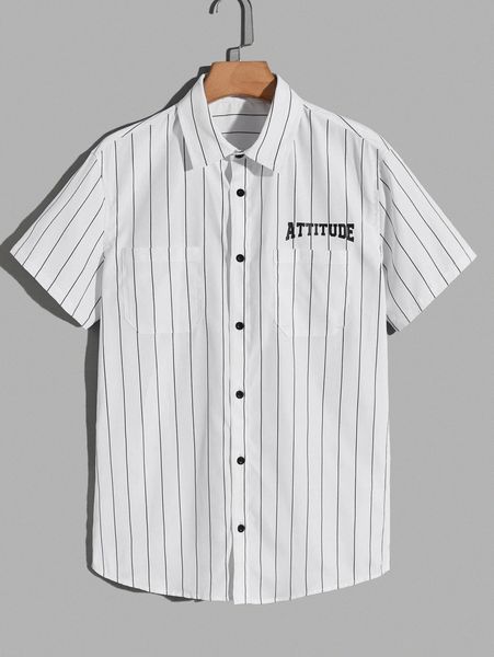 

men pocket front letter and striped shirt 683c#, White;black