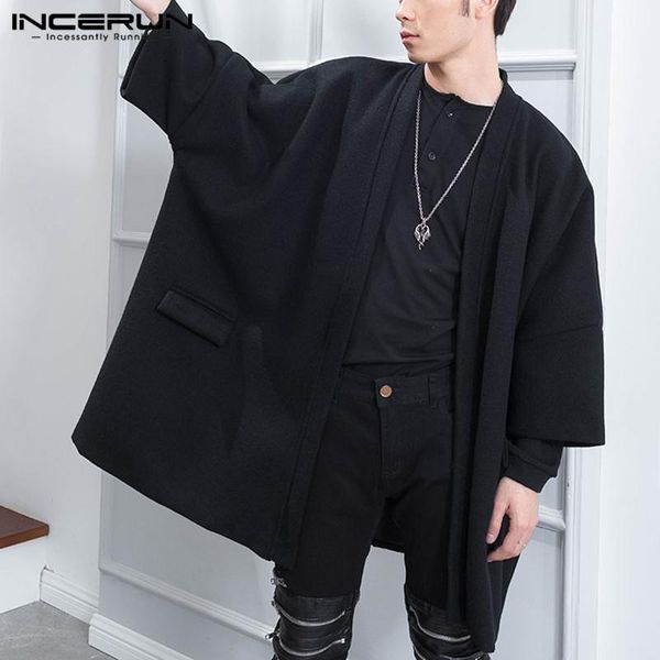 

incerun fashion men cloak coats open stitch solid color outerwear streetwear 3/4 sleeve 2021 chic casual trench men poncho s-5xl1, Tan;black
