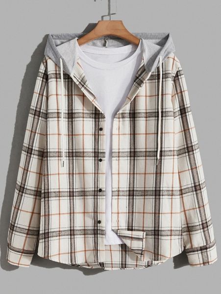 

men plaid print drawstring hooded shirt y8gc#, White;black