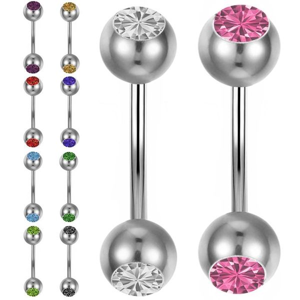 

imixlot 10pcs mix colors stainless steel crystal tongue belly lip eyebrow nose barbell rings body piercing jewelry q bbymnm, Silver