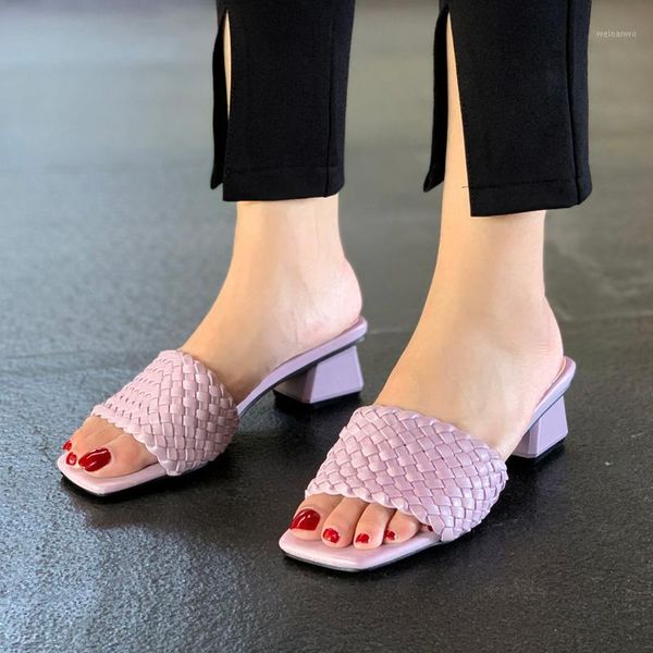 

women sandals pu weave square head peep slippers summer fashion slip on heels slides women mules party outdoor slides1, Black