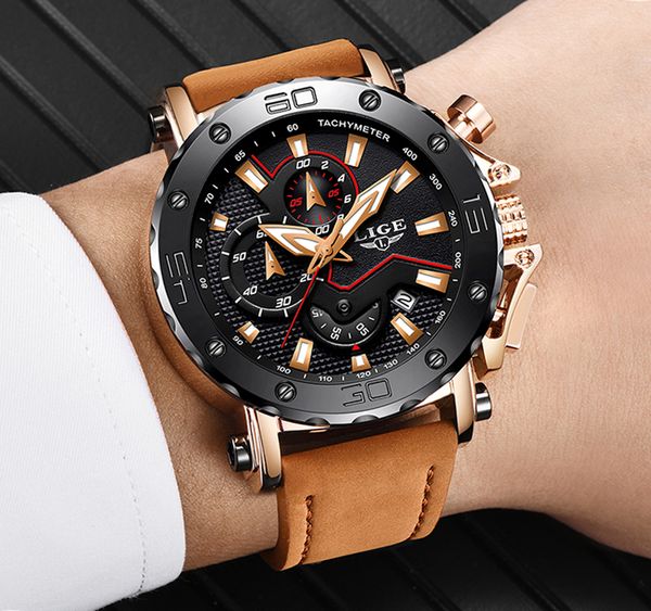 

lige men watches male business date chronograph waterproof quartz watch men's casual leather large dial military watch relogio t200112, Slivery;brown