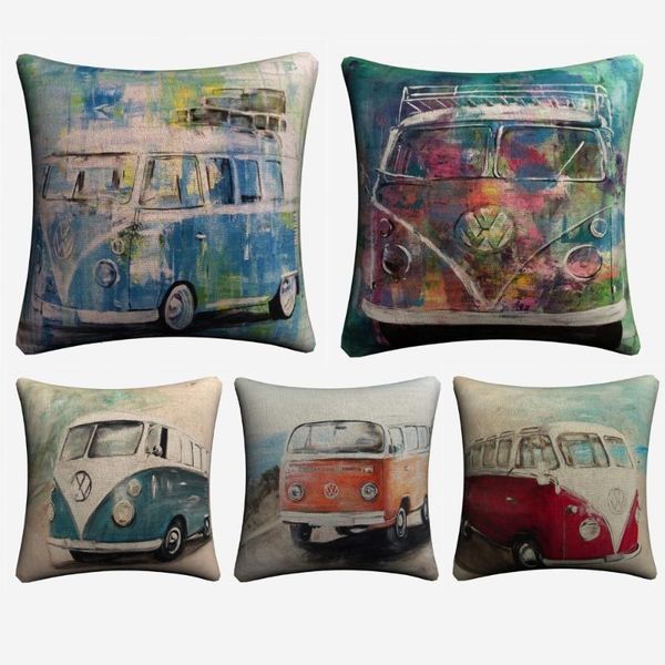 

bulli bus oil painted sketch art decorative cotton linen cushion cover 45x45cm for sofa chair pillow case home decor almofada
