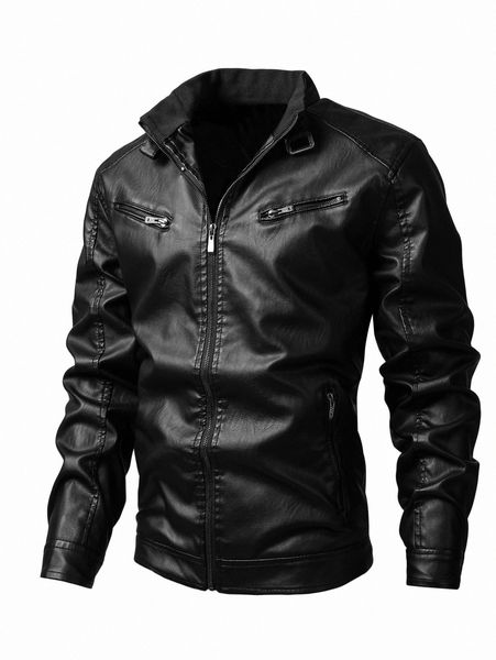 

men zip up buckle pu leather jacket a2wu#, Black;brown