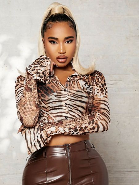 

sxy tiger skin print split sleeve crop mesh without bra e9e2#, White