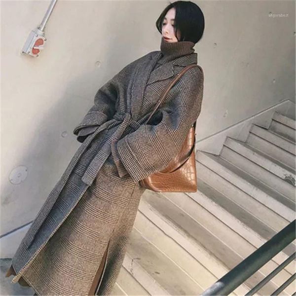 

vintage long double-faced wool coat women elegant belted warm autumn winter coat retro plaid wool jacket plus size, Black