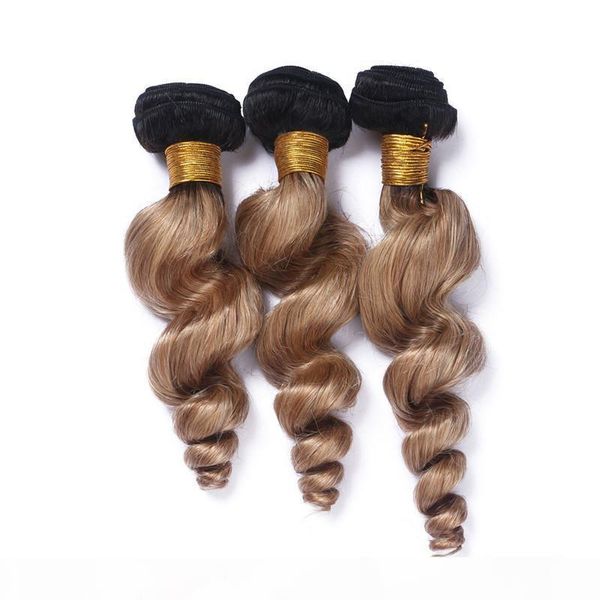 

virgin malaysian ombre honey blonde human hair weaves double wefts loose wave wavy #1b 27 dark root light brown human hair bundles deals, Black;brown
