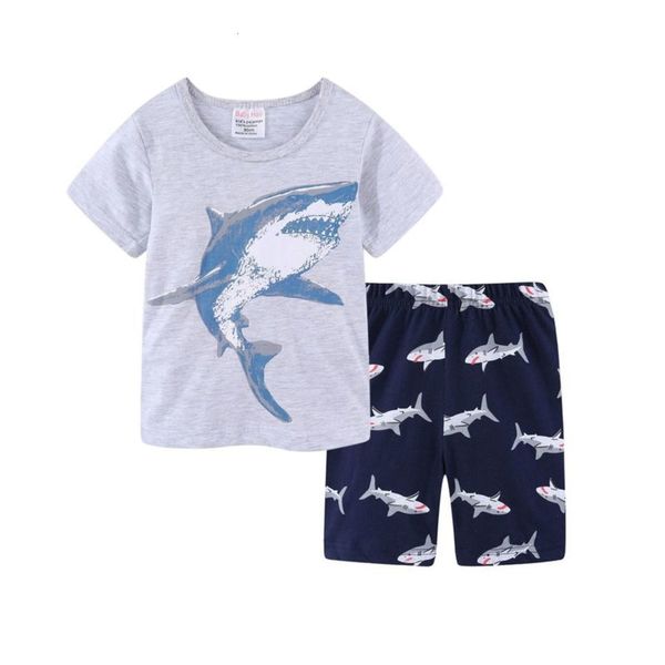 

printed shark home wear summer pajamas boy's short sve + shorts children's suit, Blue;red