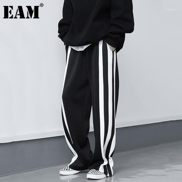 

eam] high elastic waist black striped contrast color trousers new loose fit pants women fashion spring autumn 2020 1dd07831, Black;white