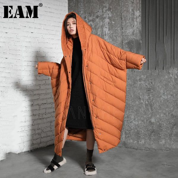 

eam] loose fit orange big size long down jacket new hooded long sleeve warm women parkas fashion tide autumn winter 2020 1da029, Black