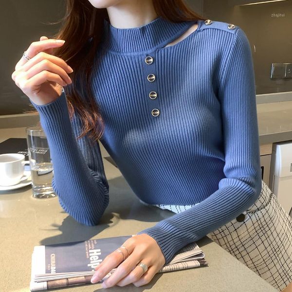 

new fashion mock neck women knitted sweater autumn winter single breasted pullover long sleeve sweater1, White;black