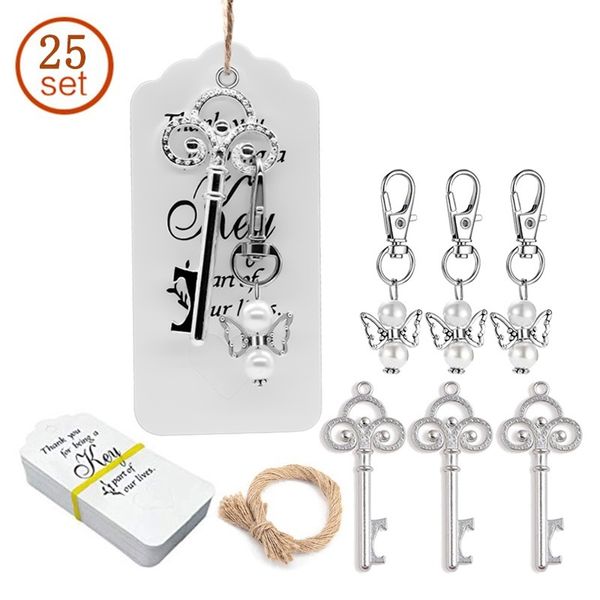 

25pcs metal key bottle opener with angel keychain pendant charms baby shower wedding banquet party favor decoration small gift 1027