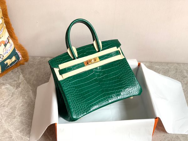 

wholesale handmade quality wax stitching with crocodile grain calf leather size25,30cm green design handbag,2colors for chosen